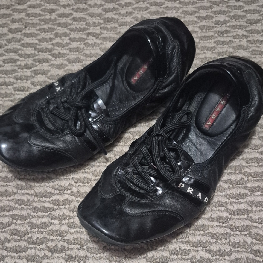 Prada Ladie's Black Leather Sneakers